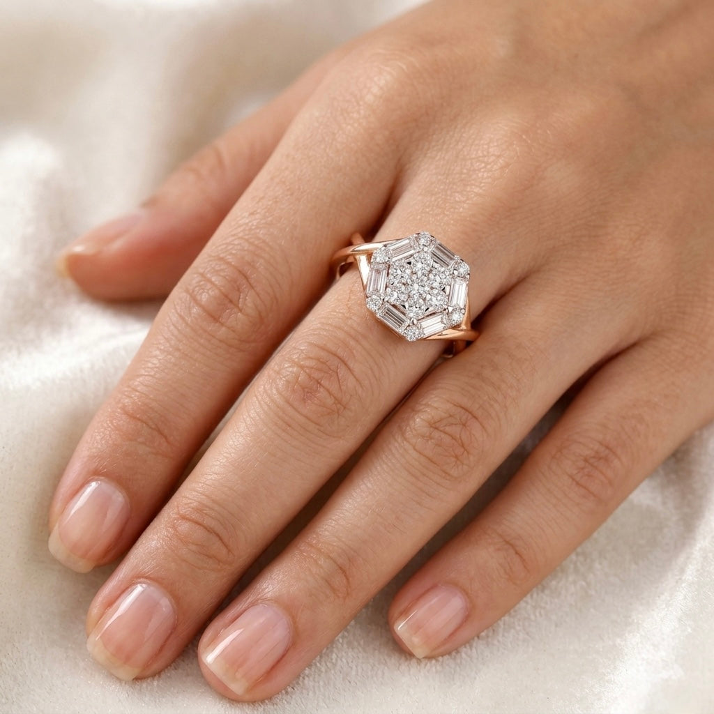 Elegant Hexagonal Diamond Cluster Ring on a Rose Gold Split Band