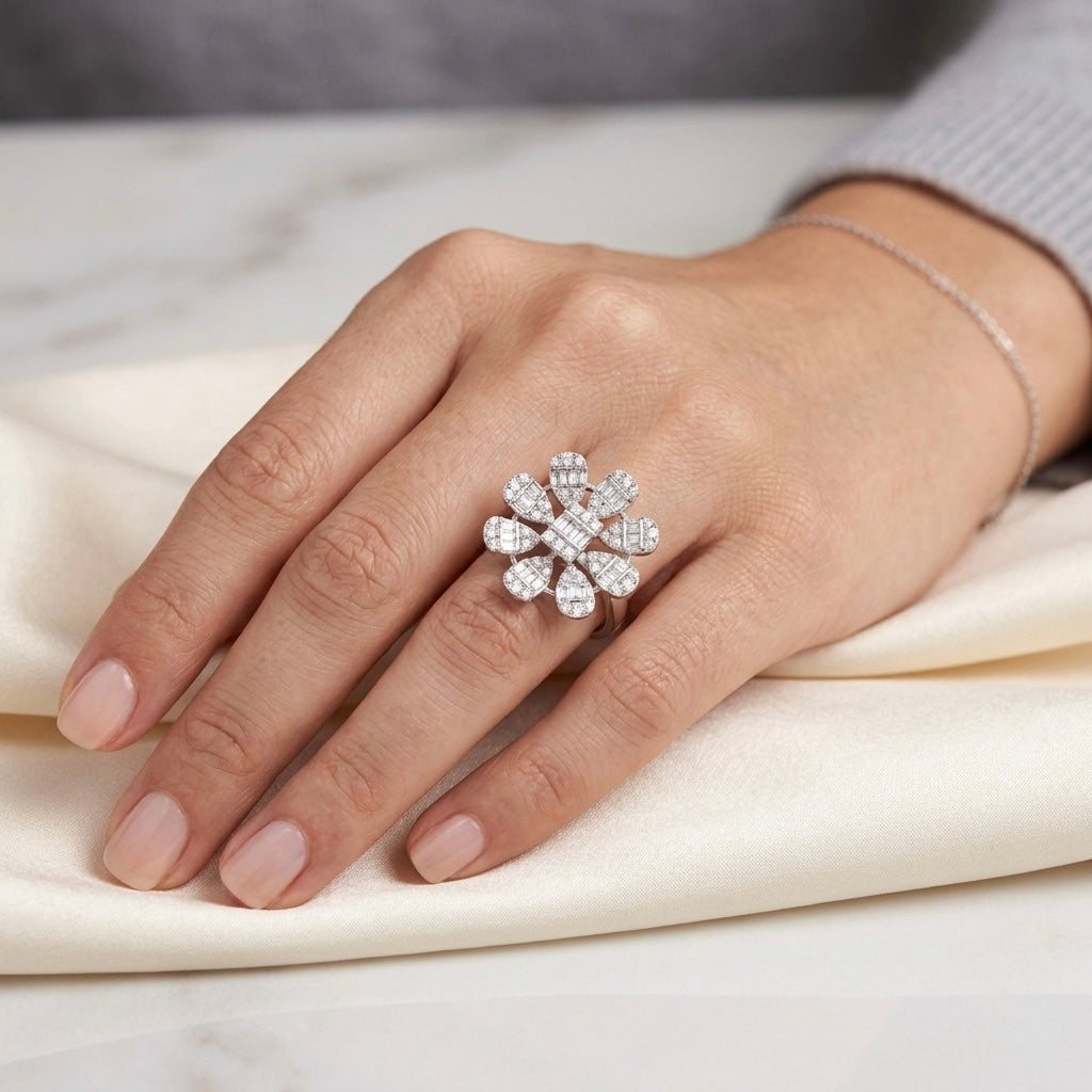 Geometric Floral Diamond Statement Ring in White Gold