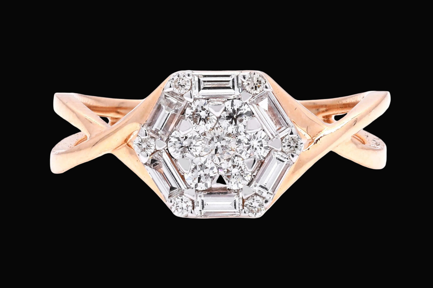 Elegant Hexagonal Diamond Cluster Ring on a Rose Gold Split Band