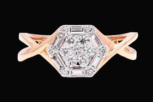 Elegant Hexagonal Diamond Cluster Ring on a Rose Gold Split Band