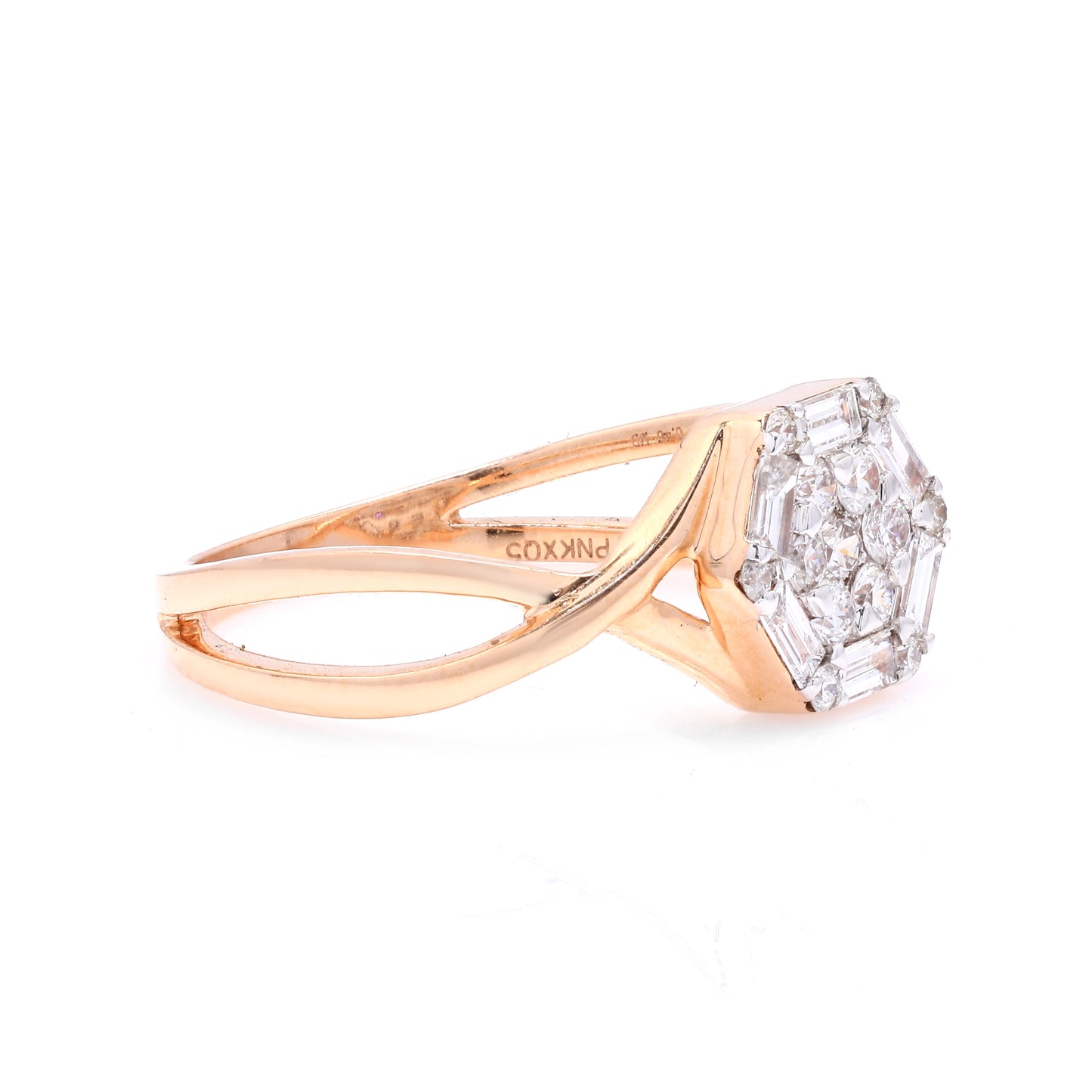 Elegant Hexagonal Diamond Cluster Ring on a Rose Gold Split Band