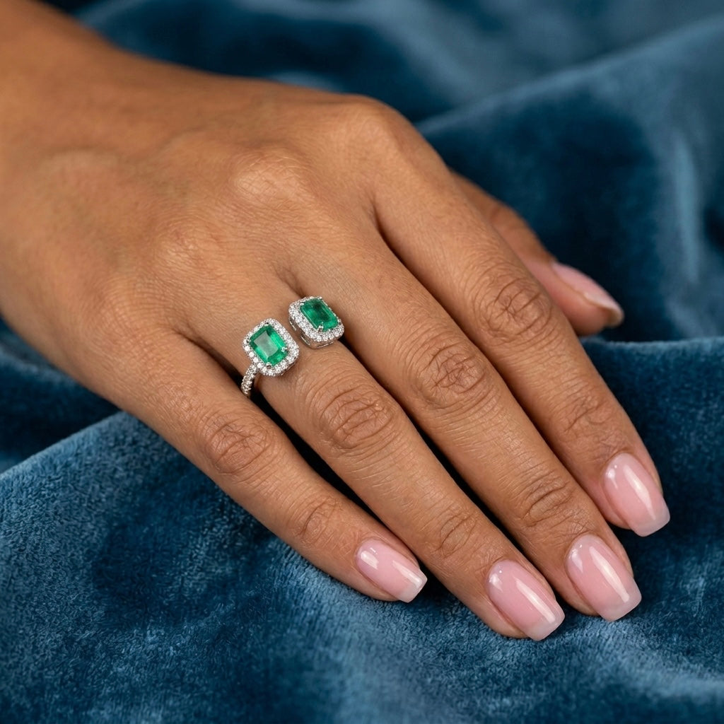 Dual-Emerald Open Bypass Ring