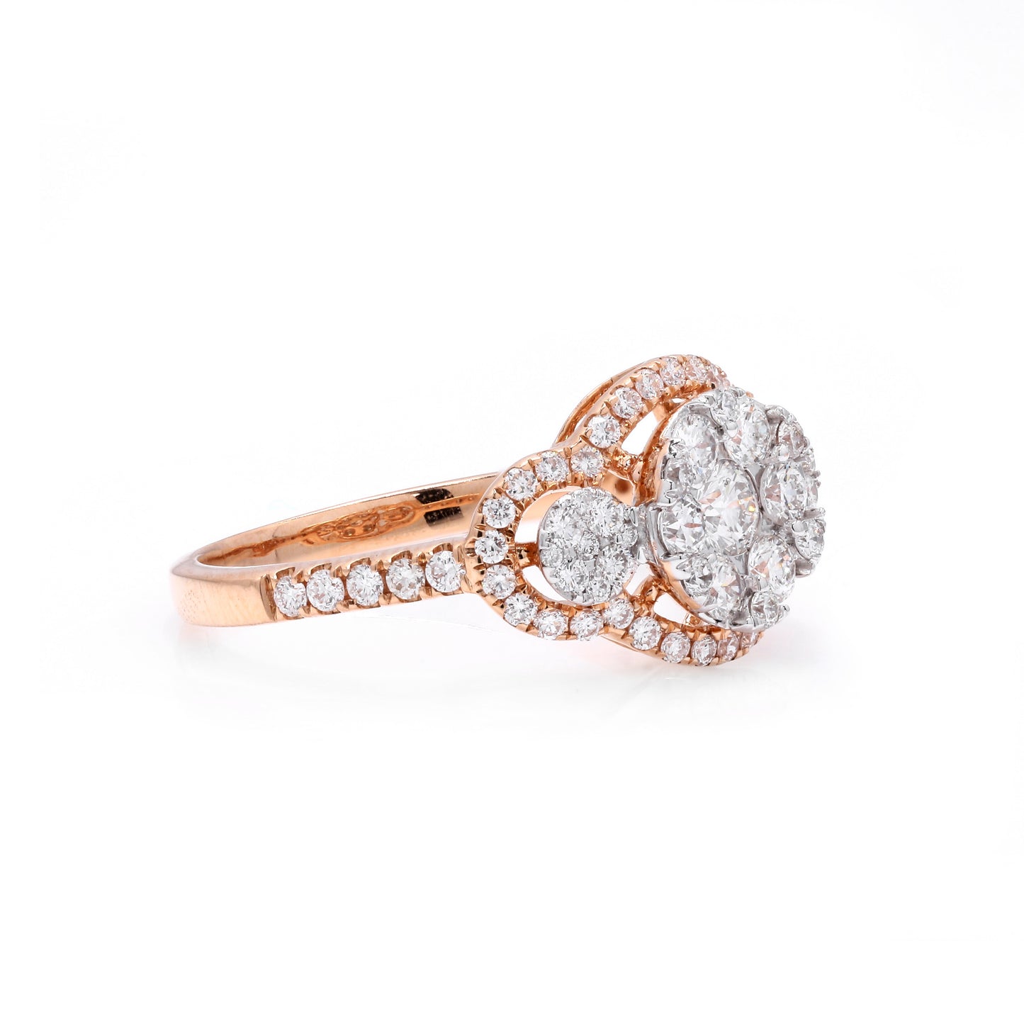 Radiance in Rose Gold: The Tri-Cluster Diamond Halo Ring