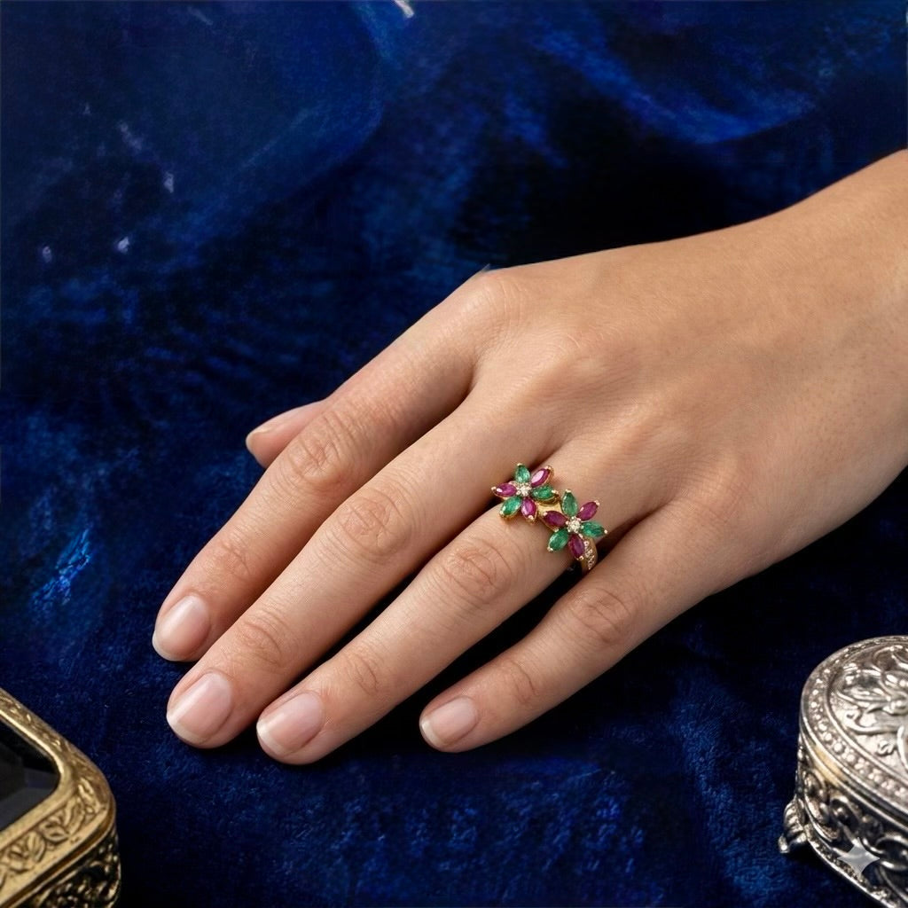 Ruby & Emerald Botanical Duet Ring