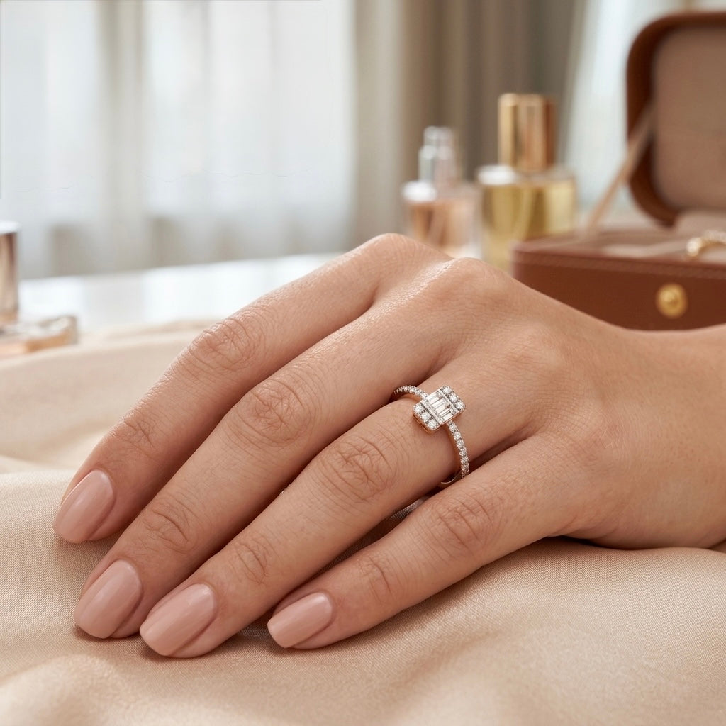 Exquisite Baguette & Round Diamond Cluster Ring on Elegant Rose Gold