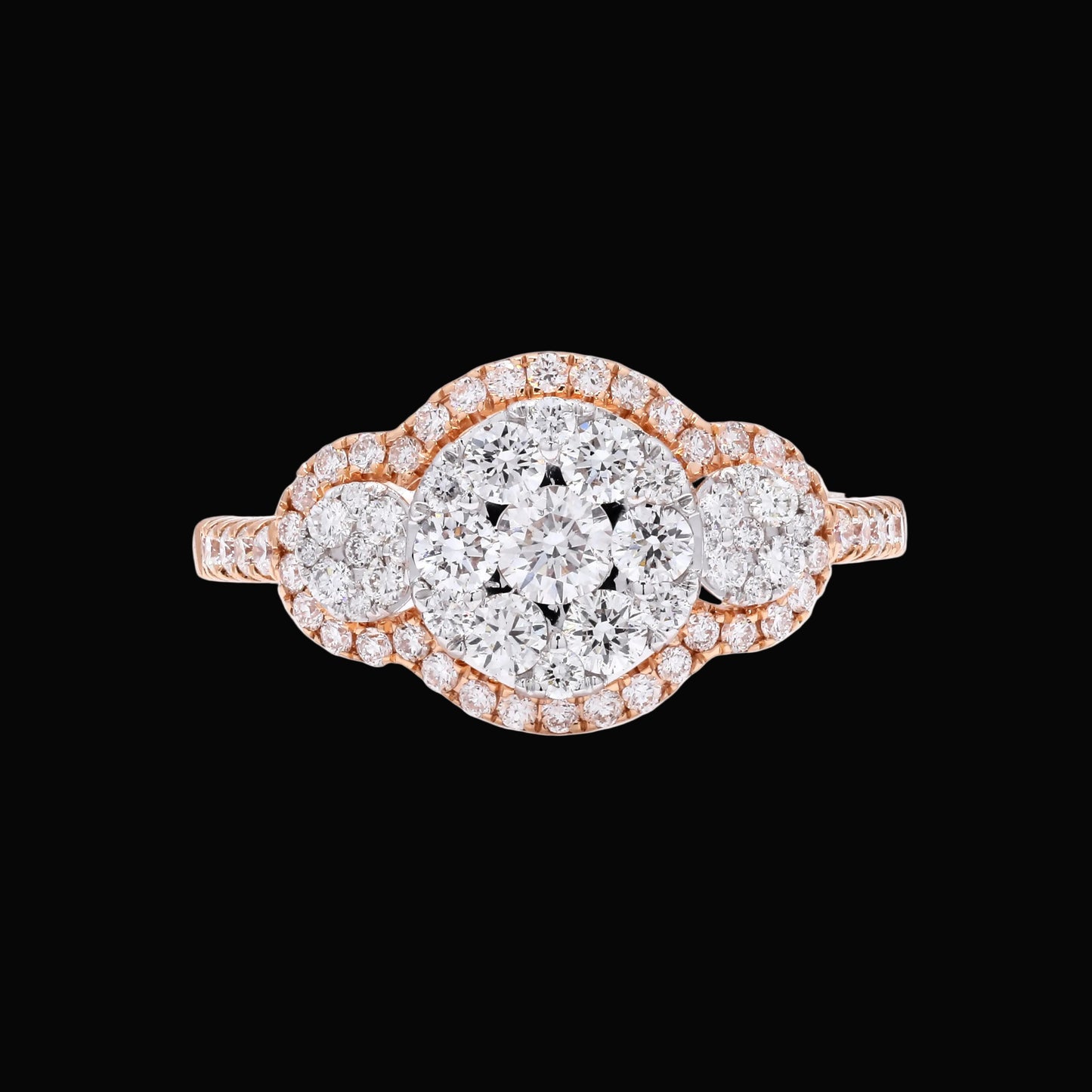 Radiance in Rose Gold: The Tri-Cluster Diamond Halo Ring
