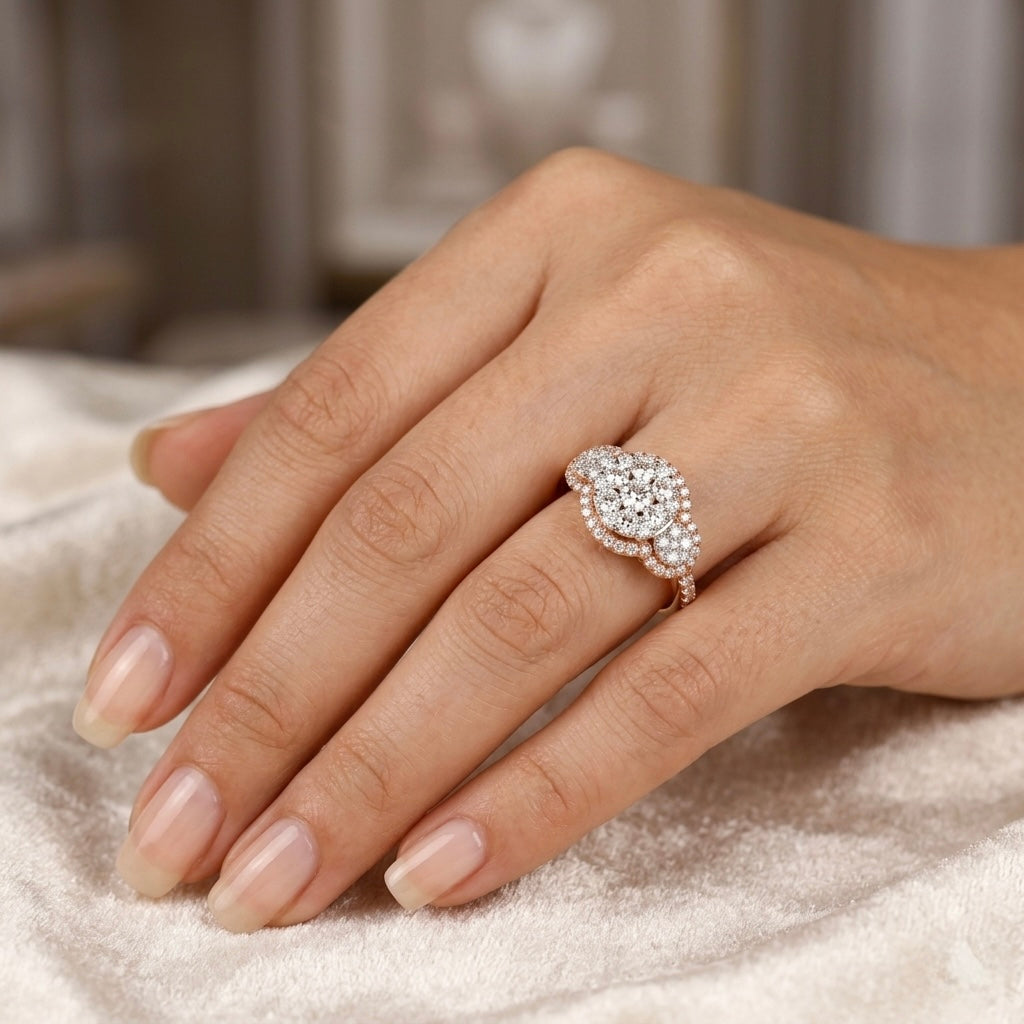 Radiance in Rose Gold: The Tri-Cluster Diamond Halo Ring