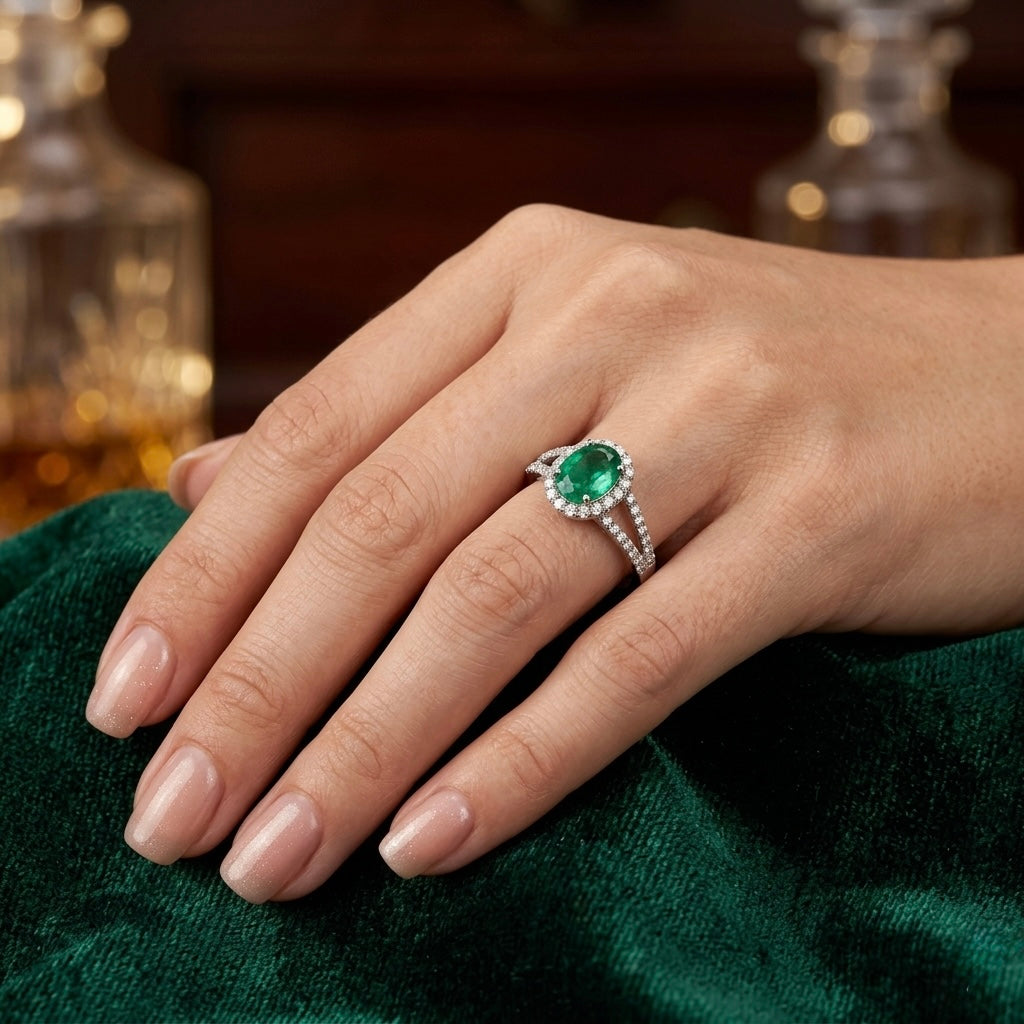 Oval-cut Natural Emerald white gold ring
