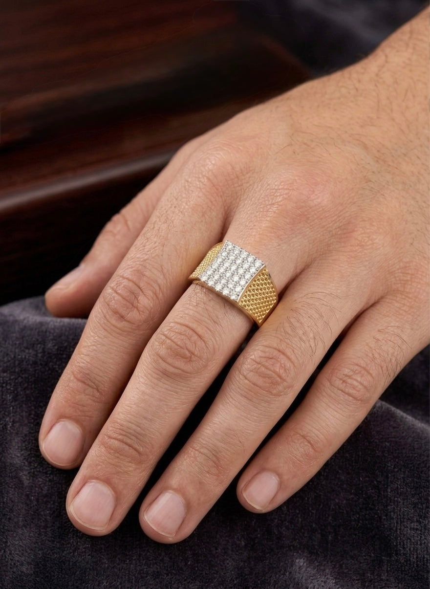 Diamond Pave and Textured Gold Signet Ring