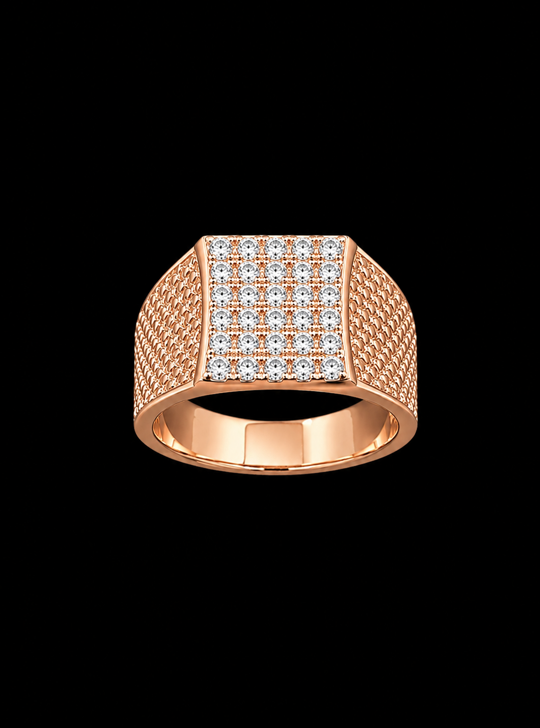 Diamond Pave and Textured Gold Signet Ring